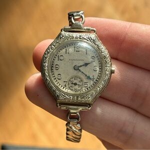 Rare Vintage Hamilton Art Deco 1920s 14k White Gold Filled Wrist Watch 987-F